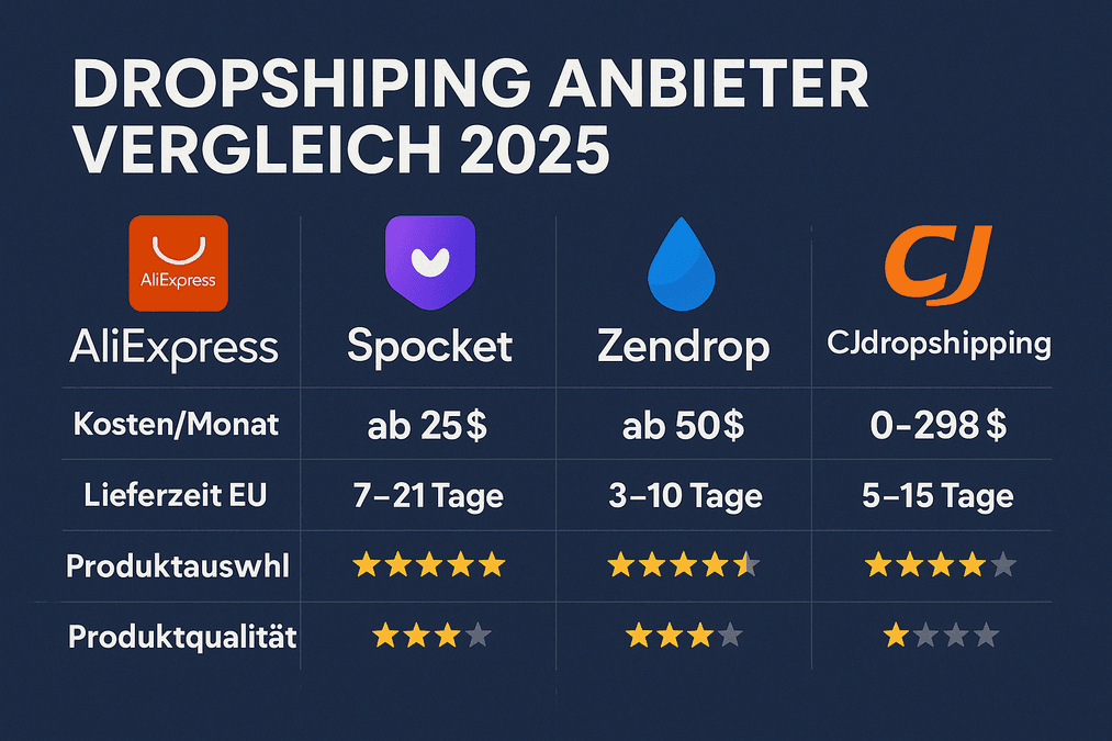 Dropshipping Anbieter Vergleich 2025 – AliExpress vs. Spocket vs. Zendrop vs. CJ Dropshipping